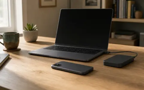 Smartphone, laptop, and external drive arranged on a home desk