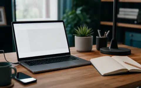 Laptop with abstract browser tabs beside a blank troubleshooting notebook