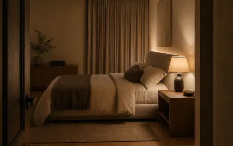 Calm bedroom with warm layered lighting and discreet sound technology