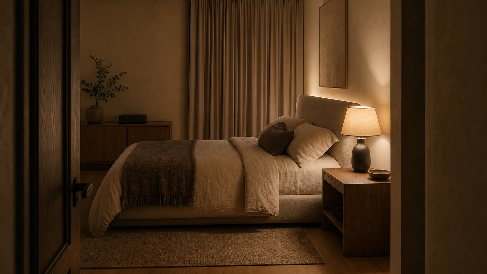 Calm bedroom with warm layered lighting and discreet sound technology