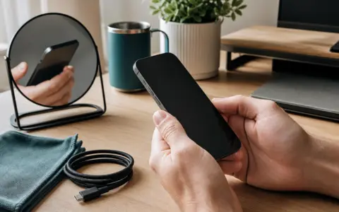 Unbranded smartphone being inspected under neutral light beside a charging cable