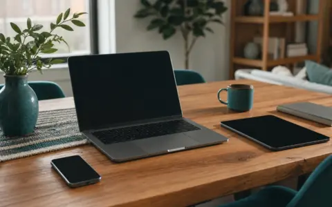 Laptop, smartphone, and tablet arranged across a shared family table
