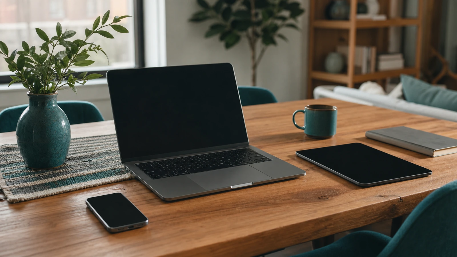 Laptop, smartphone, and tablet arranged across a shared family table