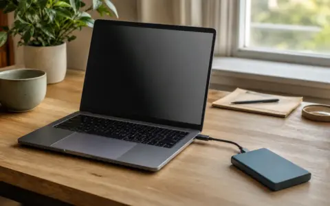 External drive connected to a laptop on a desk beside a window