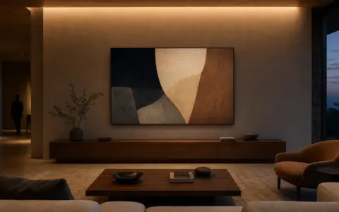 Minimal living room with one digital art display integrated above a wood console