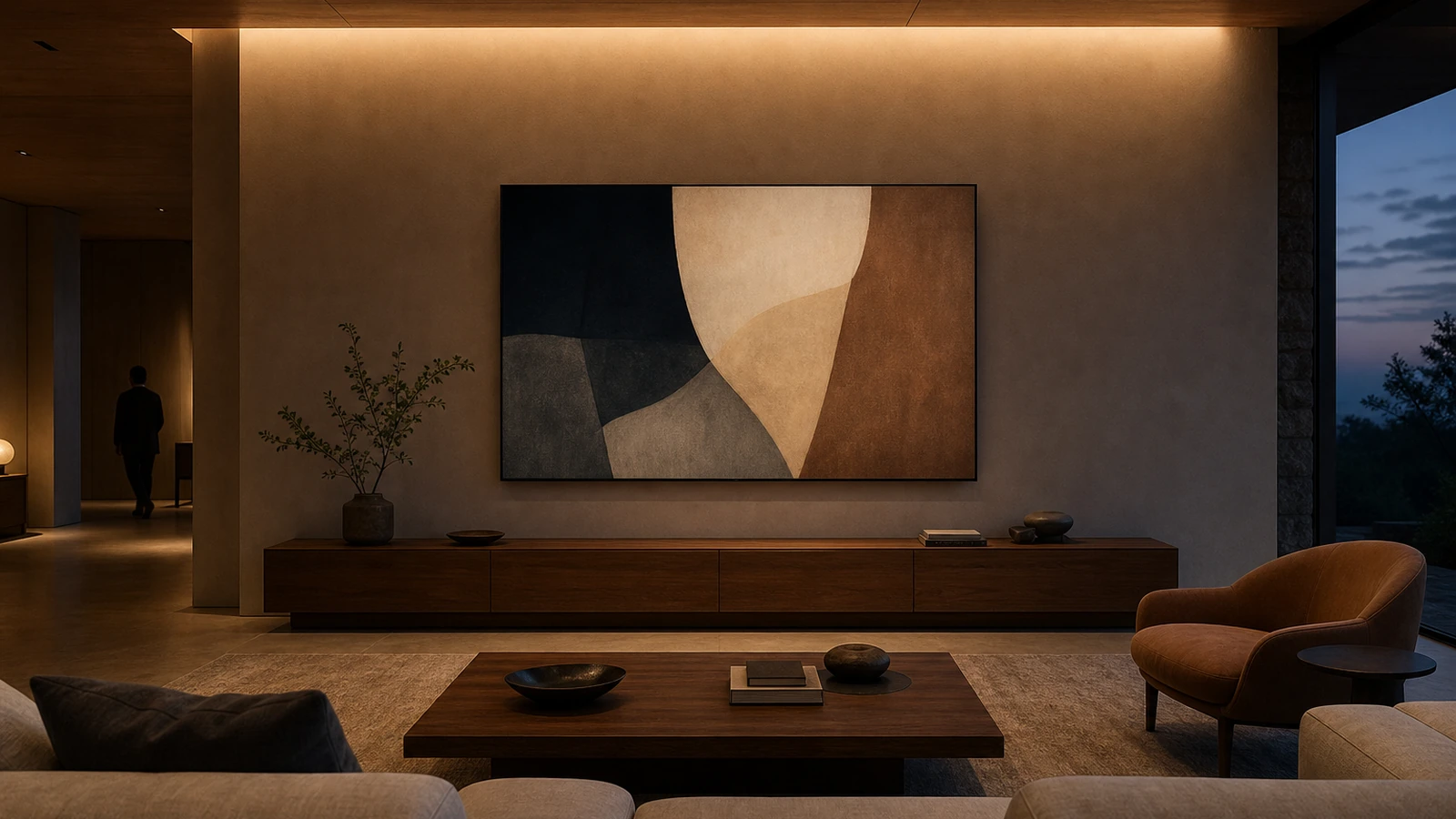 Minimal living room with one digital art display integrated above a wood console