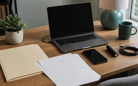 Family emergency folder beside a smartphone, laptop, flashlight, and charging cable