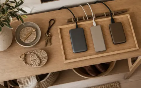 Organized entryway console with charging tray, devices, cables, and key catchall