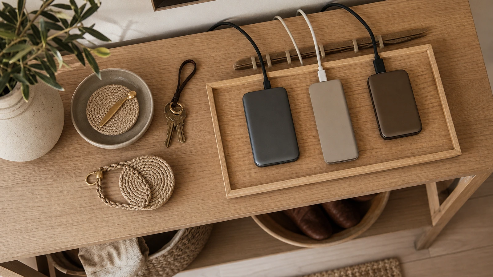 Organized entryway console with charging tray, devices, cables, and key catchall