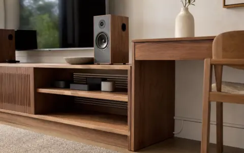 Tidy home media and desk corner with managed cables, chargers, and speakers