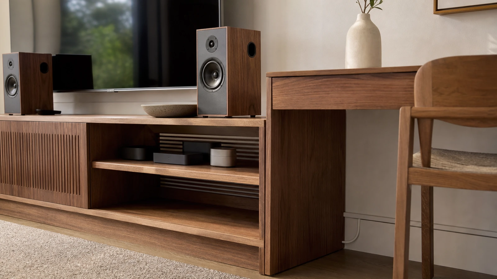 Tidy home media and desk corner with managed cables, chargers, and speakers