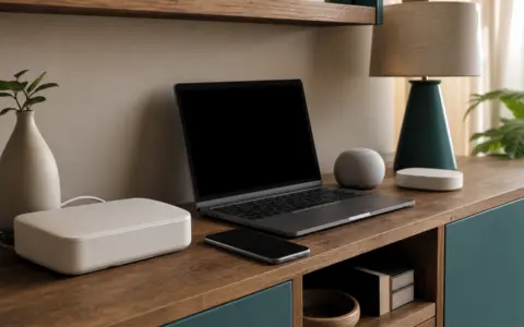 Home router beside a laptop, phone, smart speaker, and connected-home device
