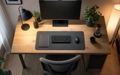 Overhead view of a home office with daylight, task, and ambient lighting around a desk