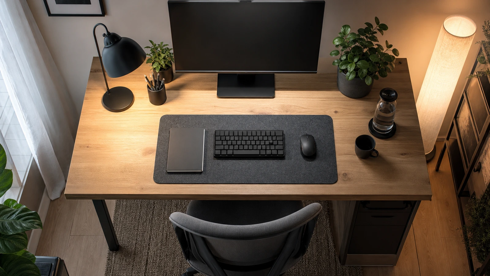 Overhead view of a home office with daylight, task, and ambient lighting around a desk