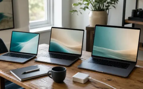 Three unbranded laptops in different sizes arranged on a studio desk