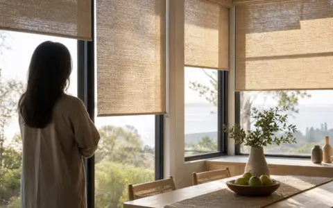 Motorized woven shades filtering bright morning light in an airy room