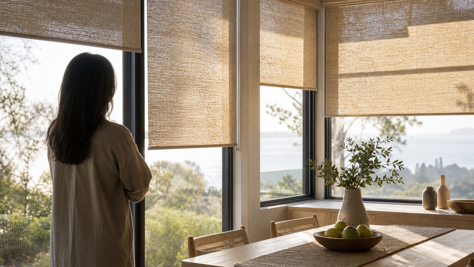 Motorized woven shades filtering bright morning light in an airy room