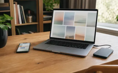Phone and laptop with abstract photo thumbnails beside an external drive