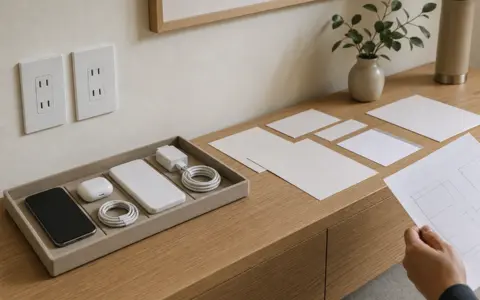 Modern room with discreet outlets and an organized charging zone beside a wood console
