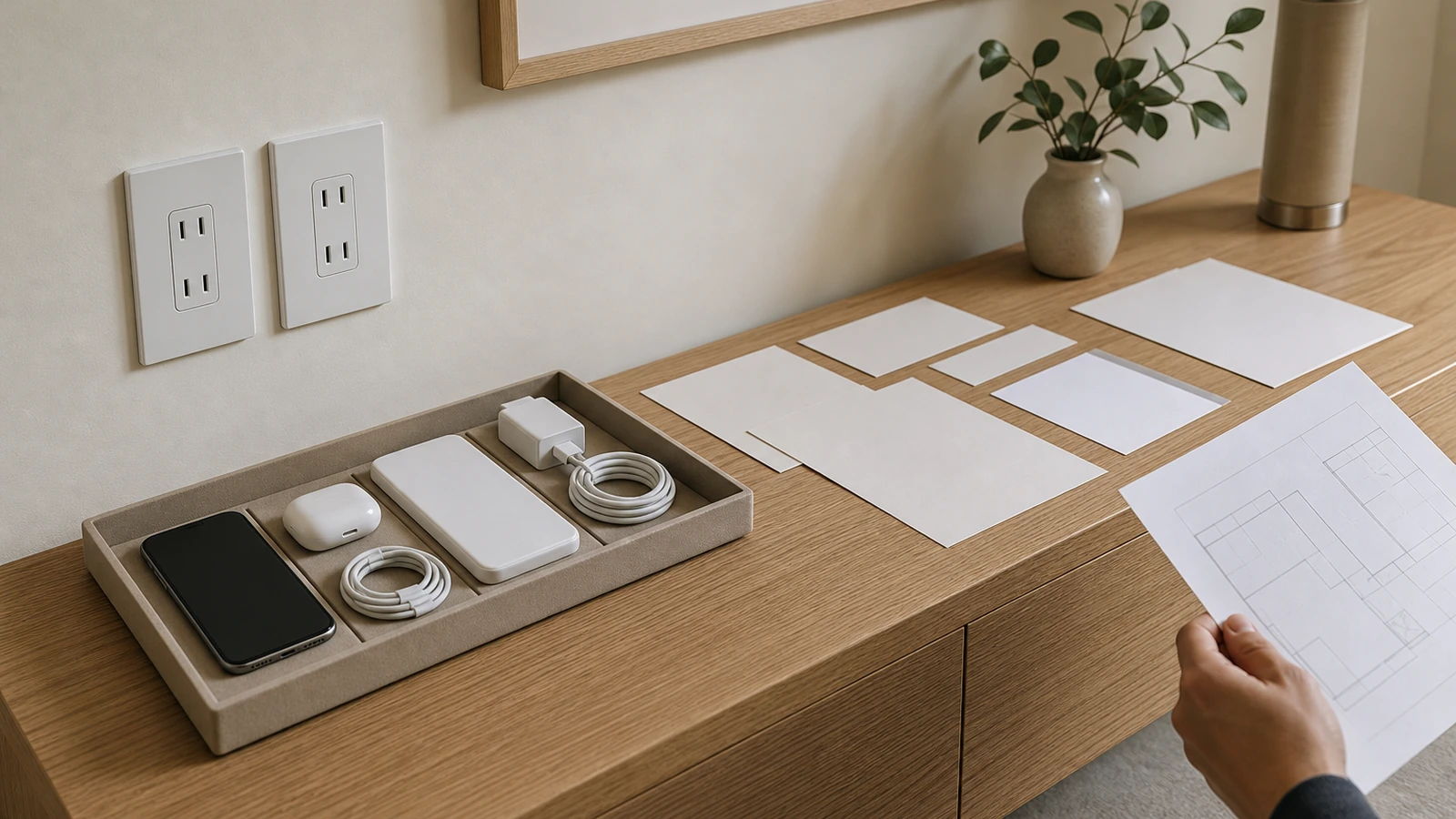 Modern room with discreet outlets and an organized charging zone beside a wood console