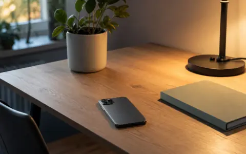 Face-down smartphone beside a quiet home workspace with a notebook and plant