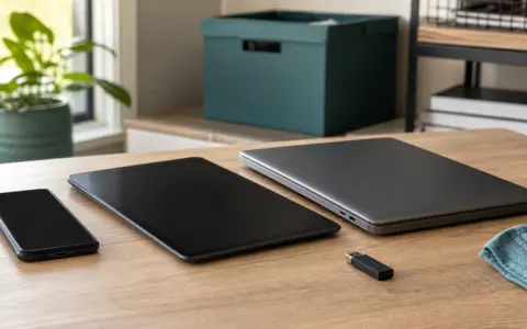 Older phone, tablet, laptop, and storage device organized on a worktable