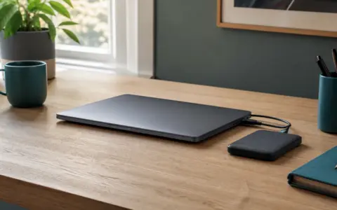 Clean laptop setup with an external drive and tidy cables on a home-office desk