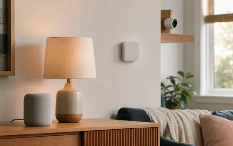 Smart speaker, lamp, wall control, and indoor camera in a living room
