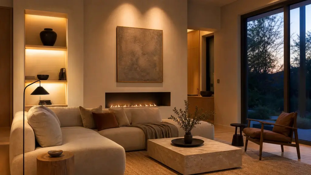 Calm living room with layered ambient, task, and accent lighting