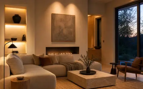 Calm living room with layered ambient, task, and accent lighting