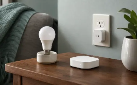 Smart bulb, smart plug, and home hub arranged on a residential side table