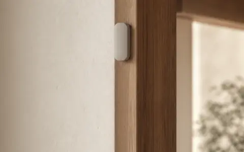 Small smart sensor discreetly integrated with wood trim in a home hallway