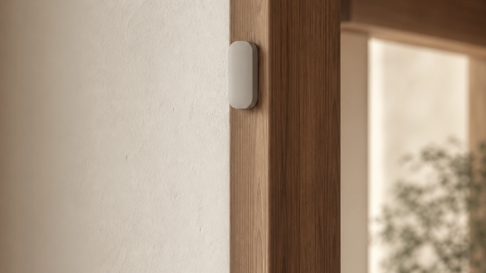 Small smart sensor discreetly integrated with wood trim in a home hallway