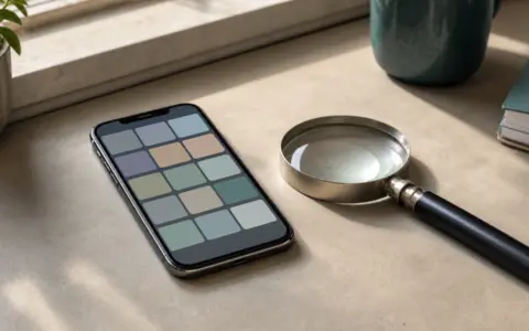 Smartphone with generic app tiles beside a magnifying glass on a desk