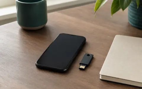 Smartphone and hardware security key beside a closed notebook