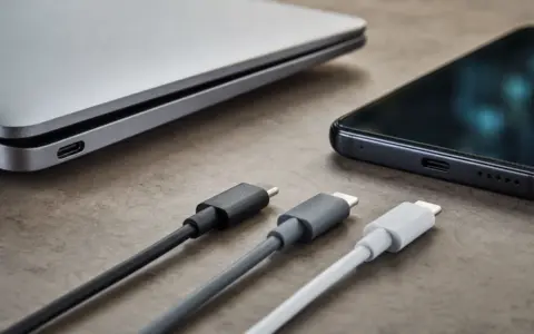 Three USB-C cables beside the USB-C ports of a laptop and smartphone