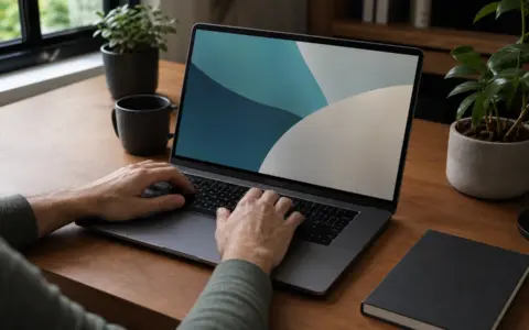 Person using a laptop with abstract assistant colors on screen at a home desk