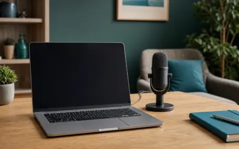 Laptop video-call setup with soft front lighting and a compact microphone