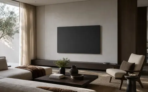 Living room arranged to test television height, seating sightlines, and afternoon glare