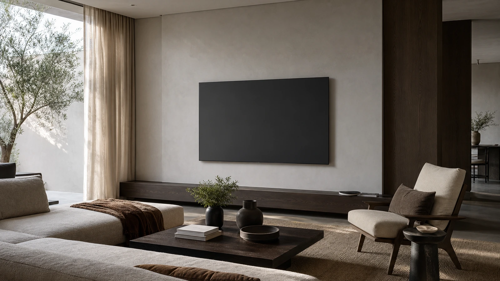 Living room arranged to test television height, seating sightlines, and afternoon glare