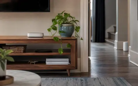 Wireless router on a shelf and mesh node in the hallway of a home